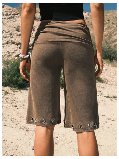 Verdusa Women's Fold Over Shorts Carpi Pants Washed Grommet Bermuda Shorts Gaucho Pants Going Out