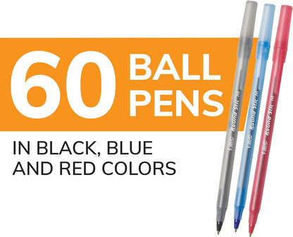 BIC Round Stic Xtra Life Assorted Ink Ballpoint Pens, Medium Point (1.0mm), 60-Count Pack of Bulk Pens, Flexible Round Barrel for Comfortable Writing, No. 1 Selling Ballpoint Pens
