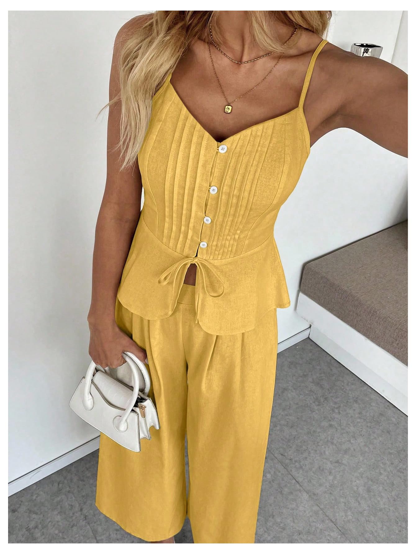 SOLY HUX Women's 2 Piece Summer Outfit Button Down Peplum Cami Top and Wide Leg Pants Set