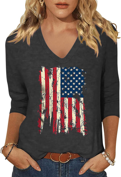Womens V Neck Flowers Shirts Boho Floral Printed T-Shirt Vintage Graphic Tee Summer Casual Cute 3/4 Sleeve Tops