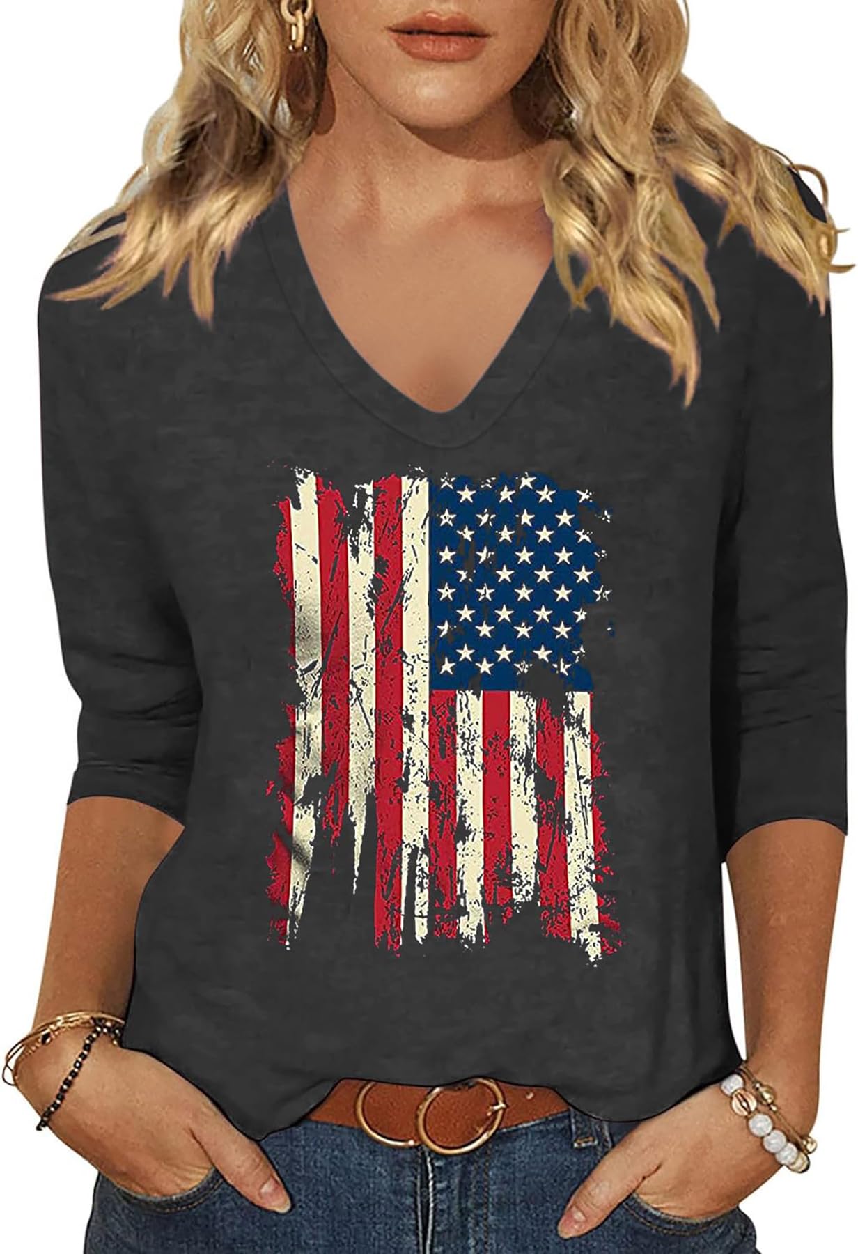 Womens V Neck Flowers Shirts Boho Floral Printed T-Shirt Vintage Graphic Tee Summer Casual Cute 3/4 Sleeve Tops