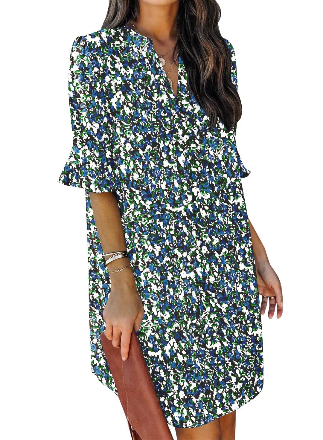 QACOHU Womens Summer Casual V Neck Shift Mini Dress | Flowy Swing Basic Loose Dresses, Ruffle Short Sleeve, Straight, Floral Boho Style, Wedding Guest Beach Vacation Outfits