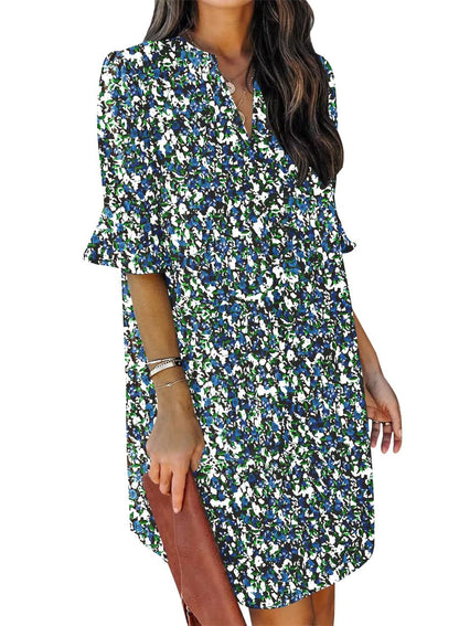 QACOHU Womens Summer Casual V Neck Shift Mini Dress | Flowy Swing Basic Loose Dresses, Ruffle Short Sleeve, Straight, Floral Boho Style, Wedding Guest Beach Vacation Outfits