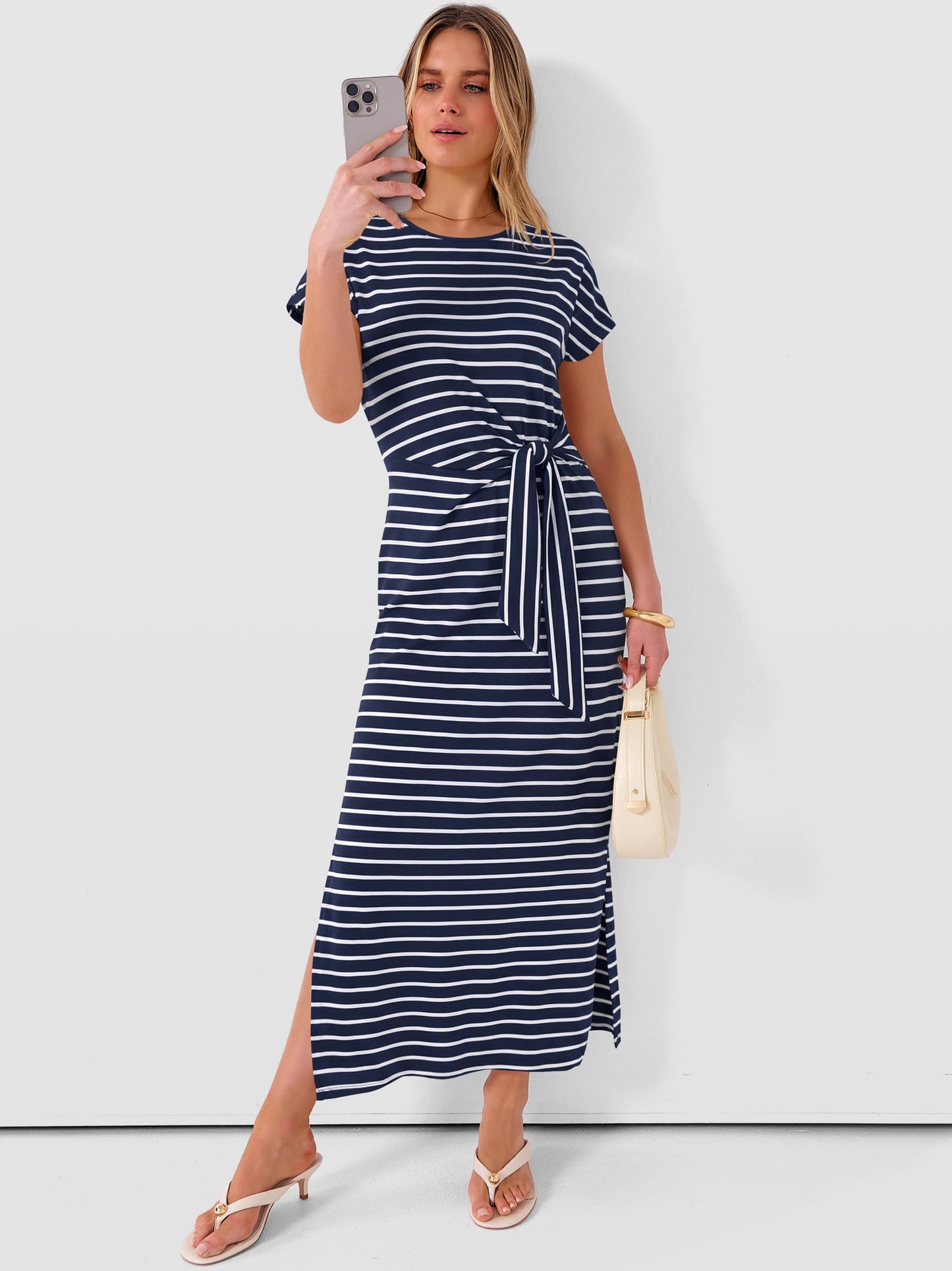 ANRABESS Womens Summer Maxi Dress Casual Crew Neck Tie Waist Split Wrinkle-Free Fit Long Fashion Vacation Dresses 2026 Spring