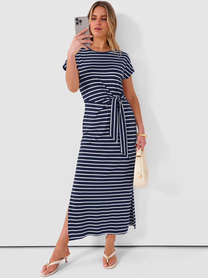 ANRABESS Womens Summer Maxi Dress Casual Crew Neck Tie Waist Split Wrinkle-Free Fit Long Fashion Vacation Dresses 2026 Spring
