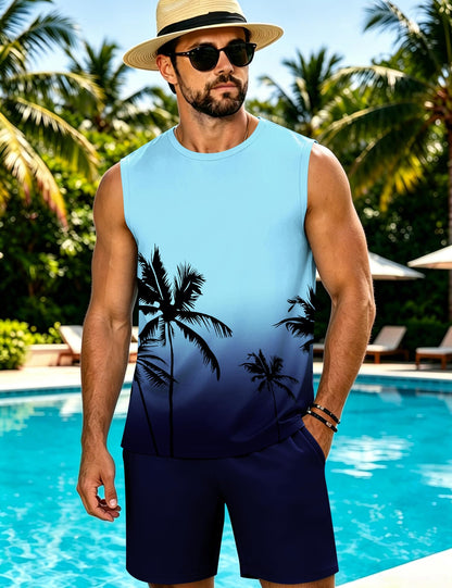 LecGee Men's 2 Piece Hawaiian Tank Tops Tropical Floral Beach Sleeveless Round neck T-shirt Casual Daily Beach Summer