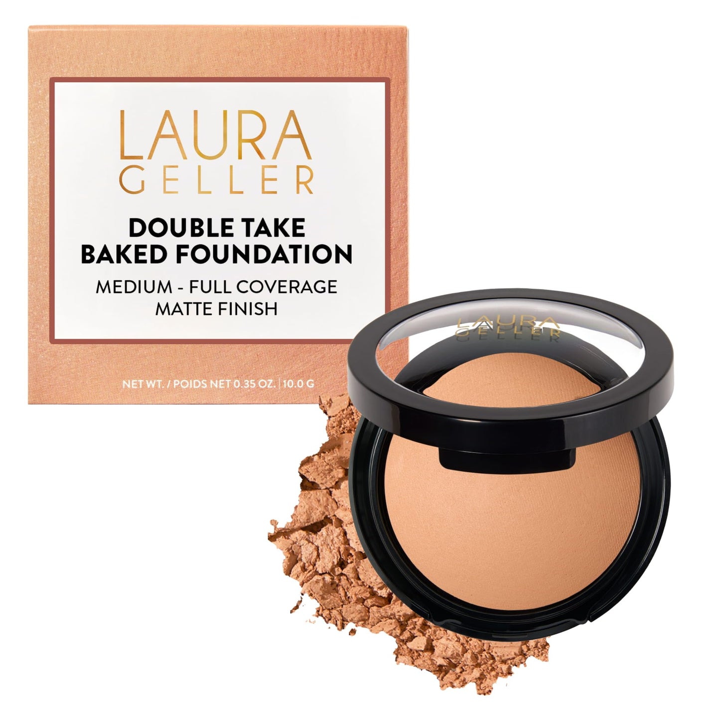 LAURA GELLER NEW YORK Baked Double Take Powder Foundation – Longwear Buildable Medium to Full Coverage – Matte Finish – Non-Caking Formula – Handmade in Italy – Mature & Sensitive Skin – Tan