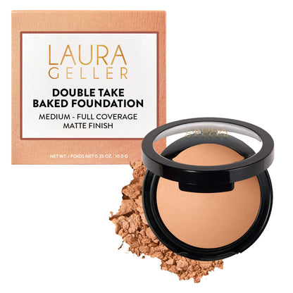 LAURA GELLER NEW YORK Baked Double Take Powder Foundation – Longwear Buildable Medium to Full Coverage – Matte Finish – Non-Caking Formula – Handmade in Italy – Mature & Sensitive Skin – Tan