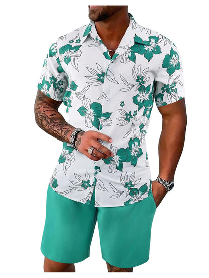 GORGLITTER Men's Vacation Beach Cruise Summer Outfits 2 Piece Shorts Set Hawaiian Button Down Shirt and Shorts