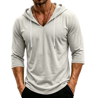 Mens Hooded 3/4 Sleeve Pullover Relaxed Fit Casual Lightweight Comfort Top
