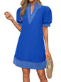 Wenrine Womens Summer V Neck Shift Dresses Casual Puff Short Sleeve Color Block Short Boho Beach Dresses with Pockets