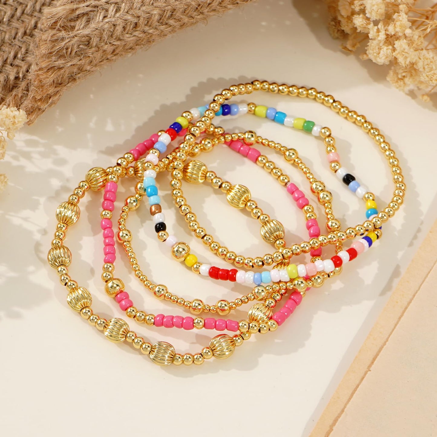 14K Gold Plated Pearl Beaded Cross Bracelets Stack Set for Women,Stretch Boho Colorful Christian Beads Ball Jewelry Friendship Summer Trendy Gift