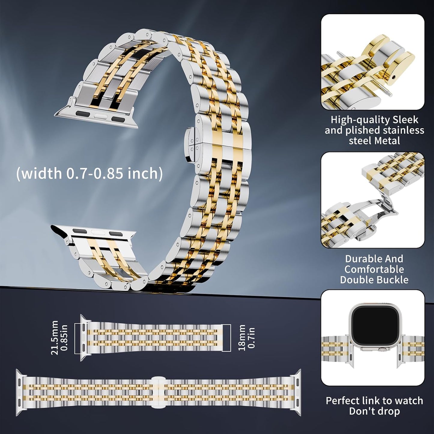 Seven Band Solid Stainless Steel for Apple Watch for Women | Compatible with Apple Watch Band 42mm/41mm/40mm/38mm, Metal Strap for Iwatch Series 11-1/SE 1-3 Women and Men, Gold Silver.