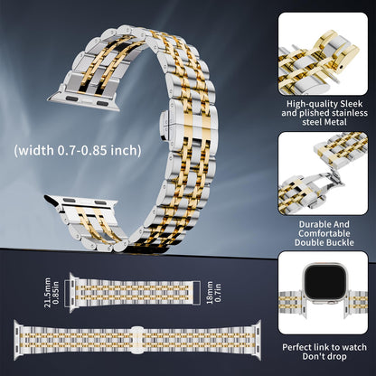 Seven Band Solid Stainless Steel for Apple Watch for Women | Compatible with Apple Watch Band 42mm/41mm/40mm/38mm, Metal Strap for Iwatch Series 11-1/SE 1-3 Women and Men, Gold Silver.