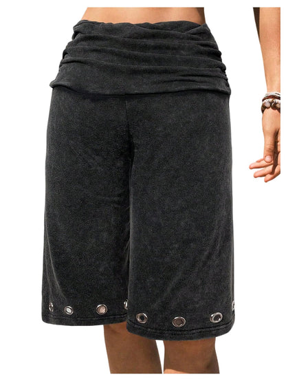 Verdusa Women's Fold Over Shorts Carpi Pants Washed Grommet Bermuda Shorts Gaucho Pants Going Out