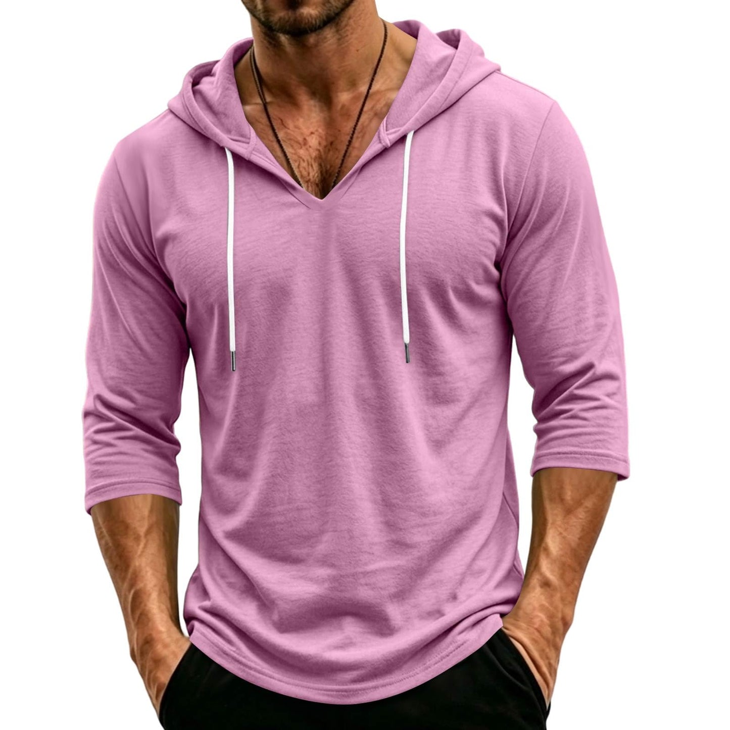 Mens Hooded 3/4 Sleeve Pullover Relaxed Fit Casual Lightweight Comfort Top