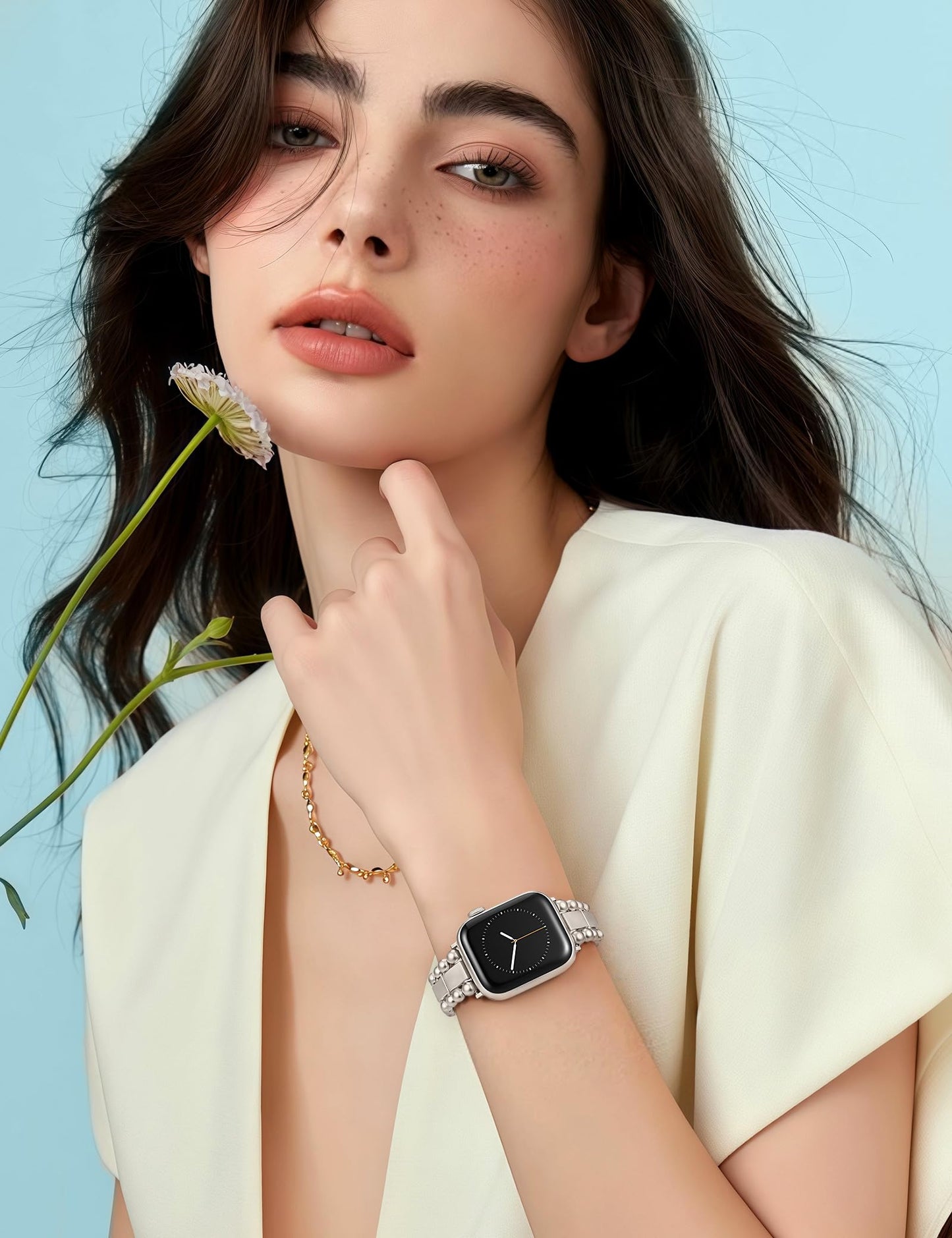 TOYOUTHS Beaded Bracelet Compatible with Apple Watch Bands 38/40/41/42/44/45/46/49mm Women, Dressy Fancy Stainless Steel Metal Elegant Jewelry Strap for iWatch Series 11 10 9 8 7 6 5 4 Ultra/SE 3 2 1