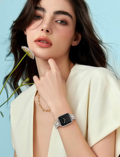 TOYOUTHS Beaded Bracelet Compatible with Apple Watch Bands 38/40/41/42/44/45/46/49mm Women, Dressy Fancy Stainless Steel Metal Elegant Jewelry Strap for iWatch Series 11 10 9 8 7 6 5 4 Ultra/SE 3 2 1