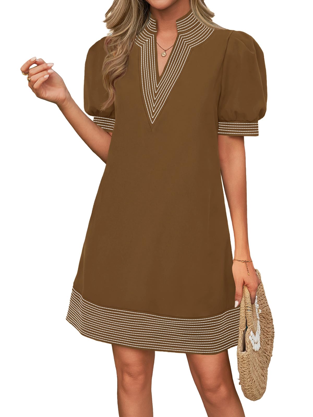 Wenrine Womens Summer V Neck Shift Dresses Casual Puff Short Sleeve Color Block Short Boho Beach Dresses with Pockets