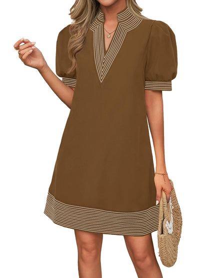 Wenrine Womens Summer V Neck Shift Dresses Casual Puff Short Sleeve Color Block Short Boho Beach Dresses with Pockets