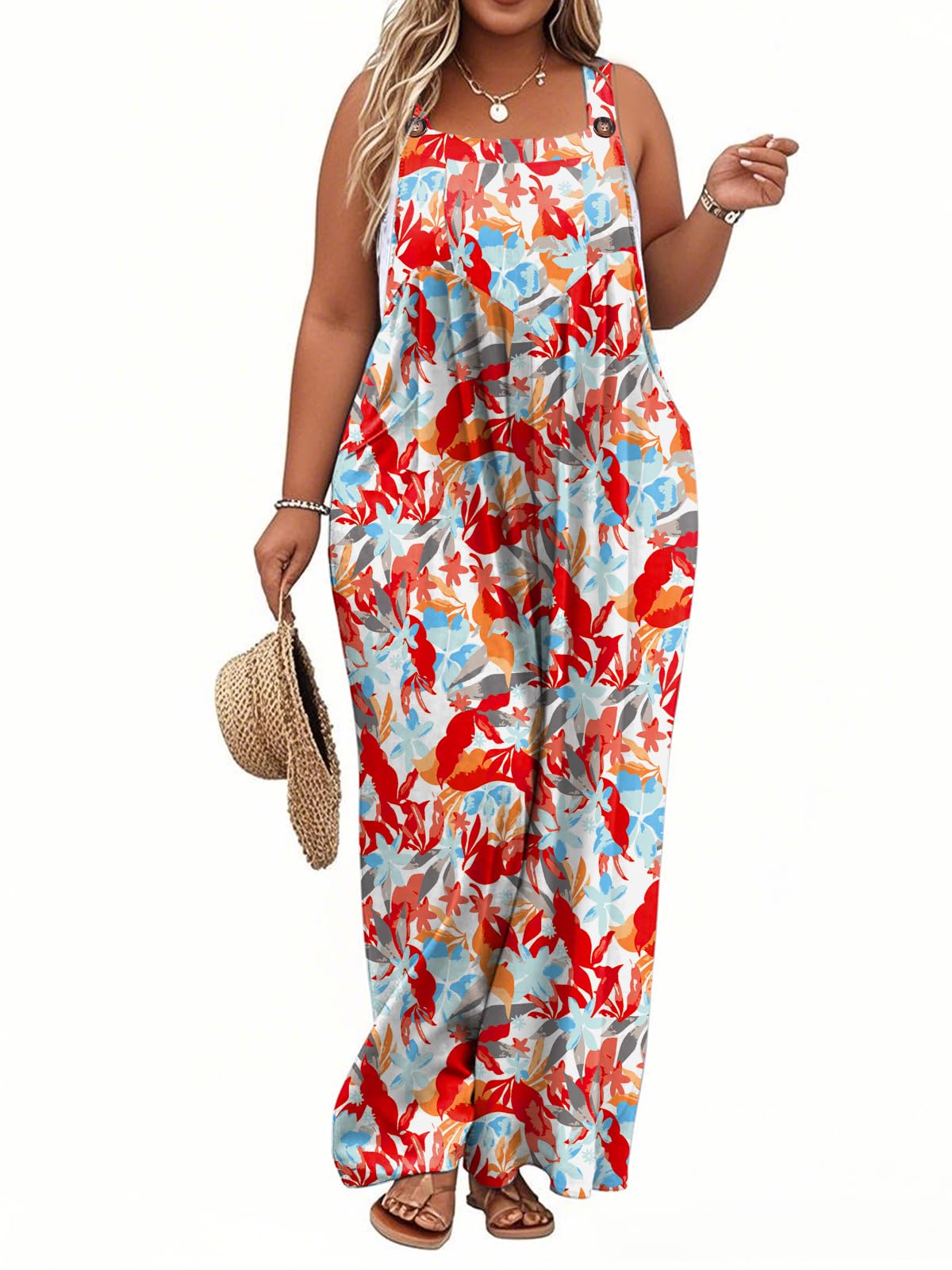 TAKEYAL Women's Plus Size Jumpsuit Overalls Wide Leg Casual Summer Rompers Adjustable Loose Fit Jumpsuits With Pockets 2026