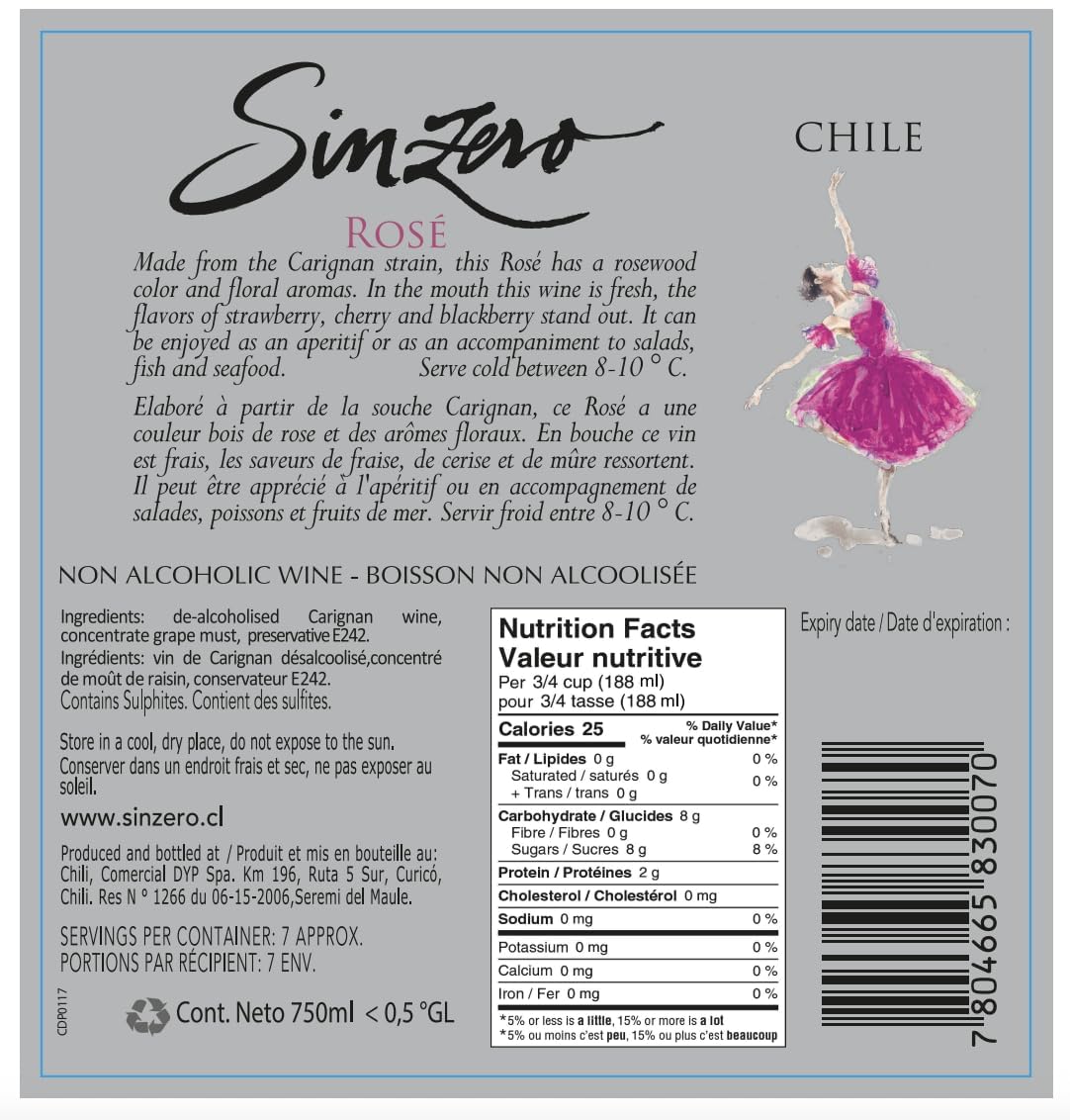 SINZERO - Cabernet Sauvignon - 750 ml 6 Pack - Non-alcoholic red wine - Aged in French oak for smooth rich flavor - Low calories, vegan friendly - Made in Chile