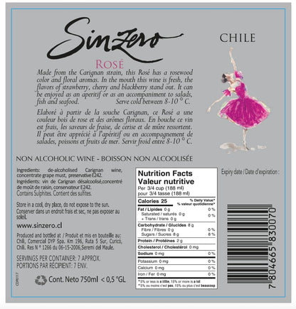 SINZERO - Cabernet Sauvignon - 750 ml 6 Pack - Non-alcoholic red wine - Aged in French oak for smooth rich flavor - Low calories, vegan friendly - Made in Chile