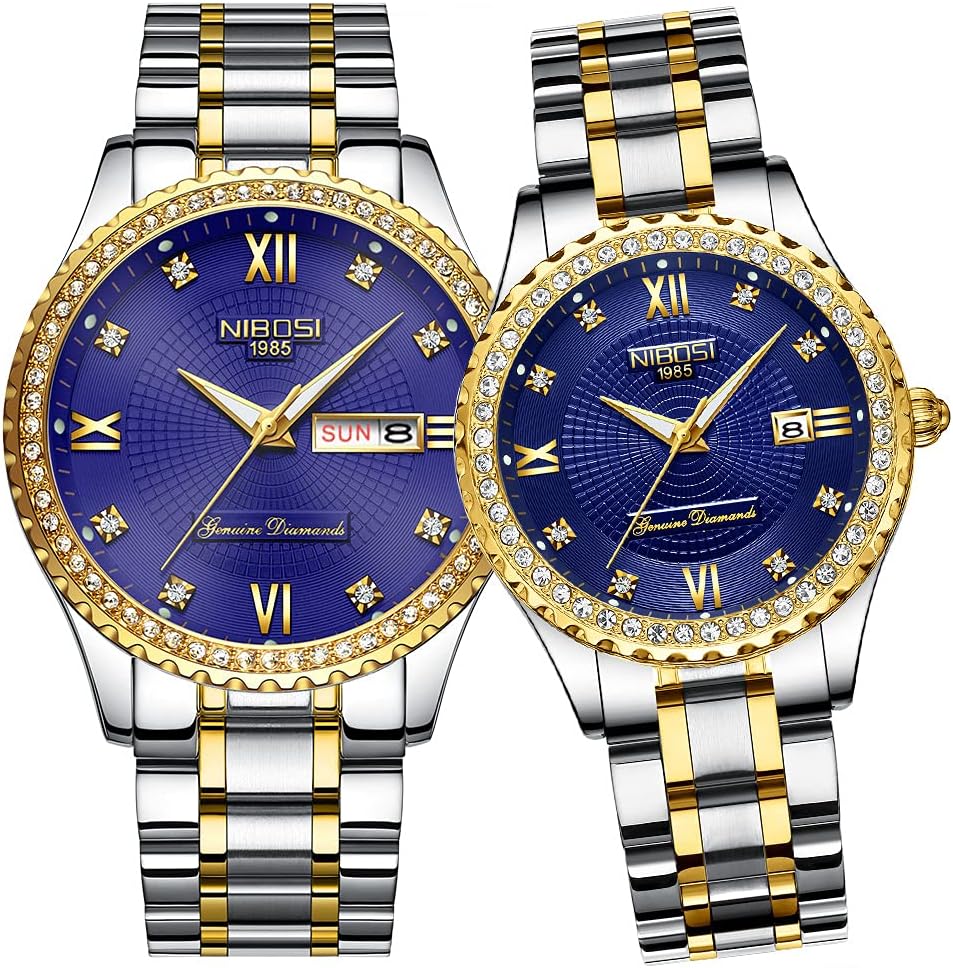 NIBOSI Watches for Couples Diamond Luxury Men and Women His and Hers Pair Watch Set Husband Wife Valentines Matching Wrist Watch Wedding Gifts Day Date Waterproof Quartz Analog