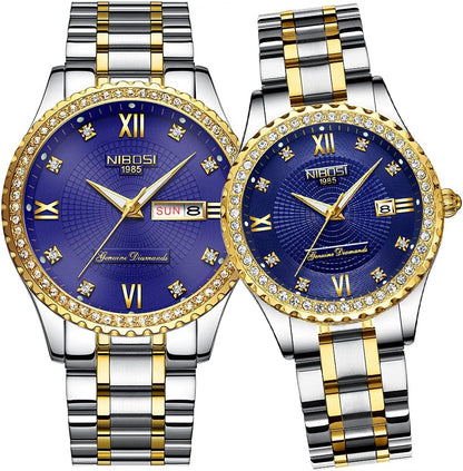 NIBOSI Watches for Couples Diamond Luxury Men and Women His and Hers Pair Watch Set Husband Wife Valentines Matching Wrist Watch Wedding Gifts Day Date Waterproof Quartz Analog