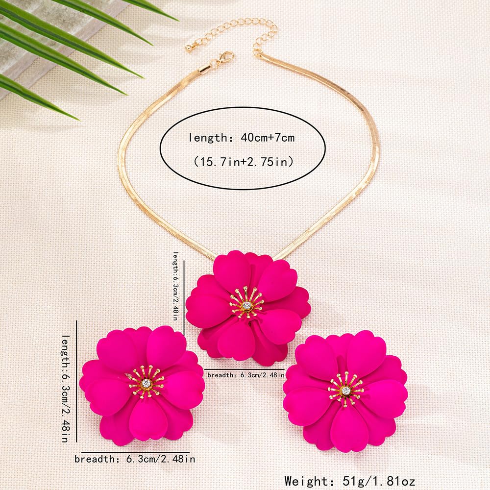 Vintage Flower Necklace Earring Set Gold Snake Chain Necklace Bohemian Red Flowers Choker Necklaces Hypoallergenic Statement Flower Stud Earrings Elegant Bridal Wedding Summer Beach Jewelry