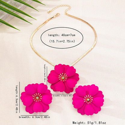 Vintage Flower Necklace Earring Set Gold Snake Chain Necklace Bohemian Red Flowers Choker Necklaces Hypoallergenic Statement Flower Stud Earrings Elegant Bridal Wedding Summer Beach Jewelry