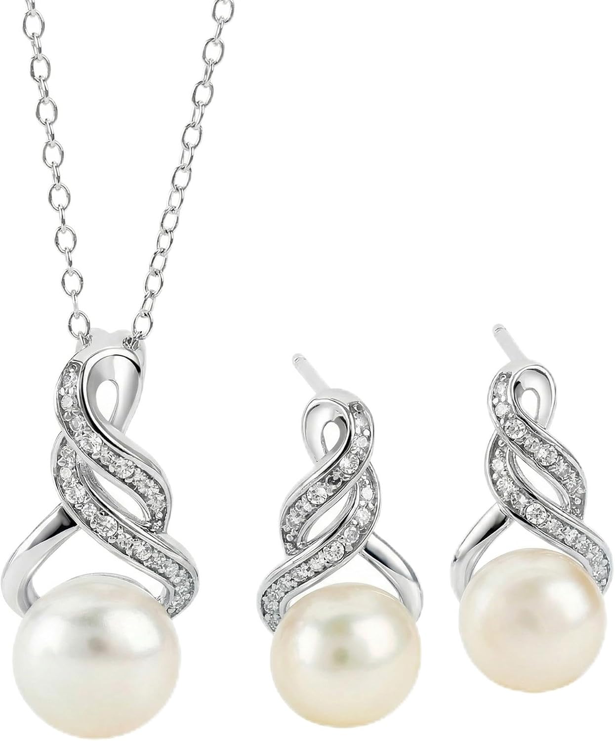 Real Diamond Sterling Silver Pearl Necklace and Earring Set | Hypoallergenic Real Cultured Freshwater Pearl Jewelry Set with 18 Inch Silver Chain | Diamond Bridal Bridesmaid Set for Women with Gift Box by MAX + STONE