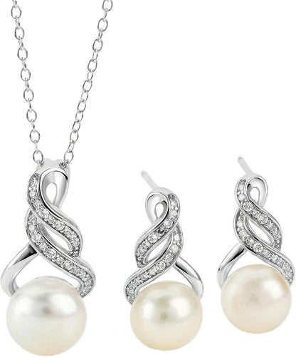 Real Diamond Sterling Silver Pearl Necklace and Earring Set | Hypoallergenic Real Cultured Freshwater Pearl Jewelry Set with 18 Inch Silver Chain | Diamond Bridal Bridesmaid Set for Women with Gift Box by MAX + STONE
