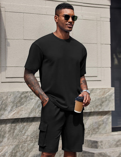 COOFANDY Men's Shirt and Shorts Set 2 Piece Fashion Summer Tracksuits Cotton Oversized T-Shirts Cargo Shorts Outfits