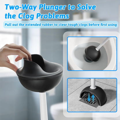 Sellemer Toilet Brush and Plunger Set, Curved Design Head for Deep Cleaning, Heavy Duty Toilet Bowl Brush and Plunger Combo with Holder for Bathroom Cleaning, Black, 2 Pack