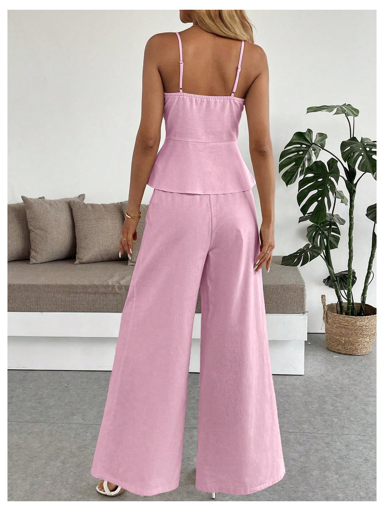 SOLY HUX Women's 2 Piece Summer Outfit Button Down Peplum Cami Top and Wide Leg Pants Set