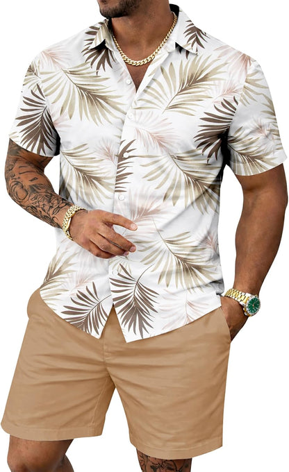 Yoimira Men's Summer Outfits 2 Piece Short Sets Hawaiian Floral Button Down Shirt and Shorts Vacation Beach Cruise Set