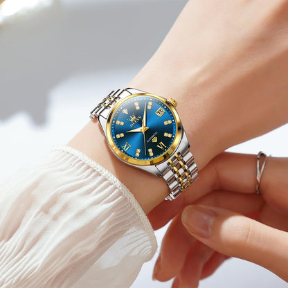 OLEVS Womens Automatic Watches Gold Classic Diamond Ladies Self Winding Mechanical Two Tone Stainless Steel Wrist Watch Date