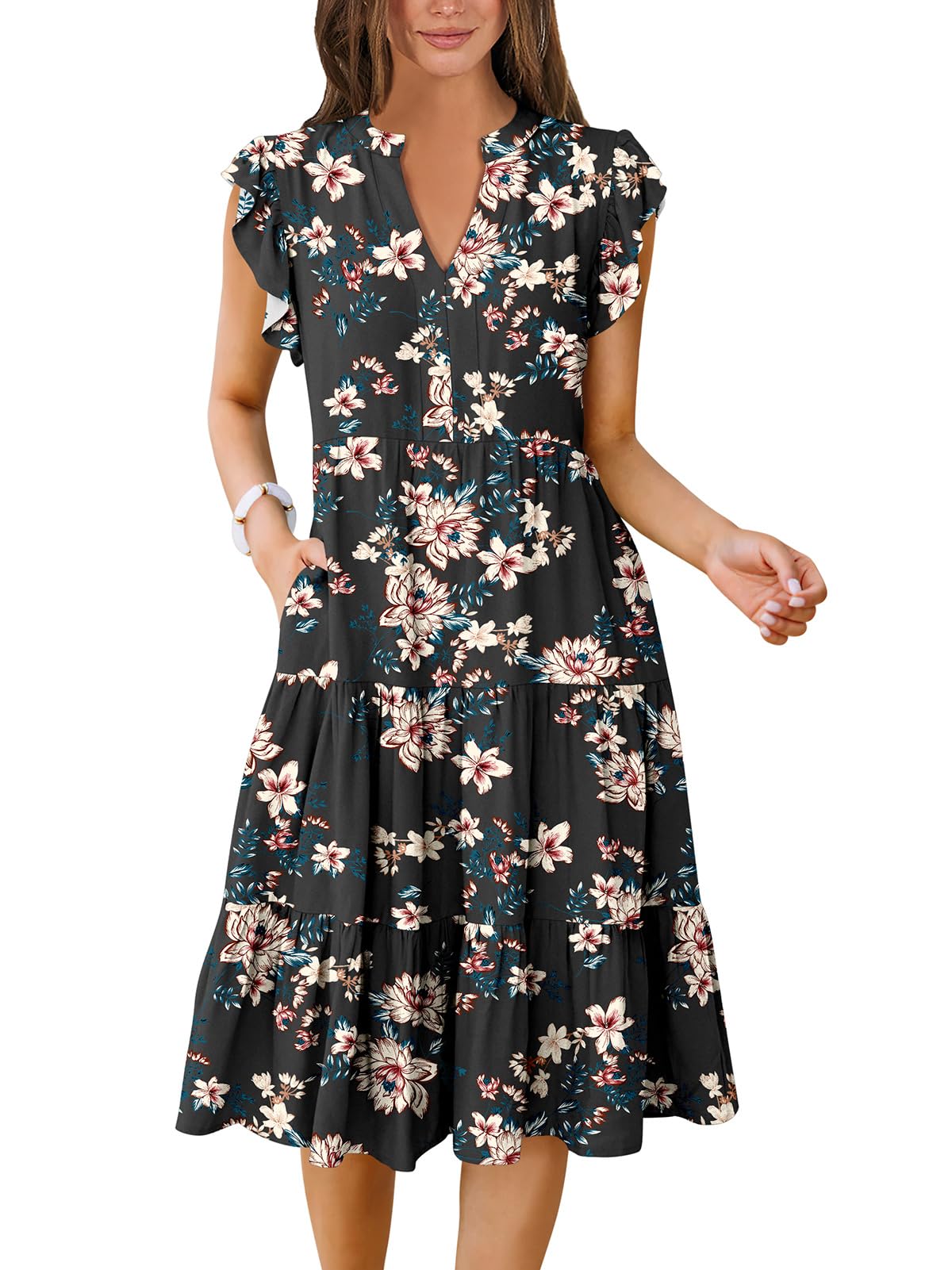 ANRABESS Womens Summer Dress Ruffle Sleeve V Neck Midi Dresses Fashion Casual Fit Flowy Tiered Boho Beach Vacation Sundress