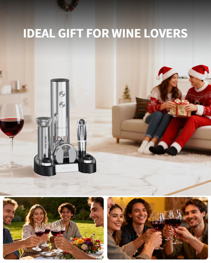 CIRCLE JOY Electric Wine Opener Rechargeable 5-in-1 Stainless Steel Wine Gift Set with Foil Cutter, Wine Aerator Pourer, Wine Drip Ring & Vacuum Stopper, Ideal Gifts for Wine Lovers, Silver