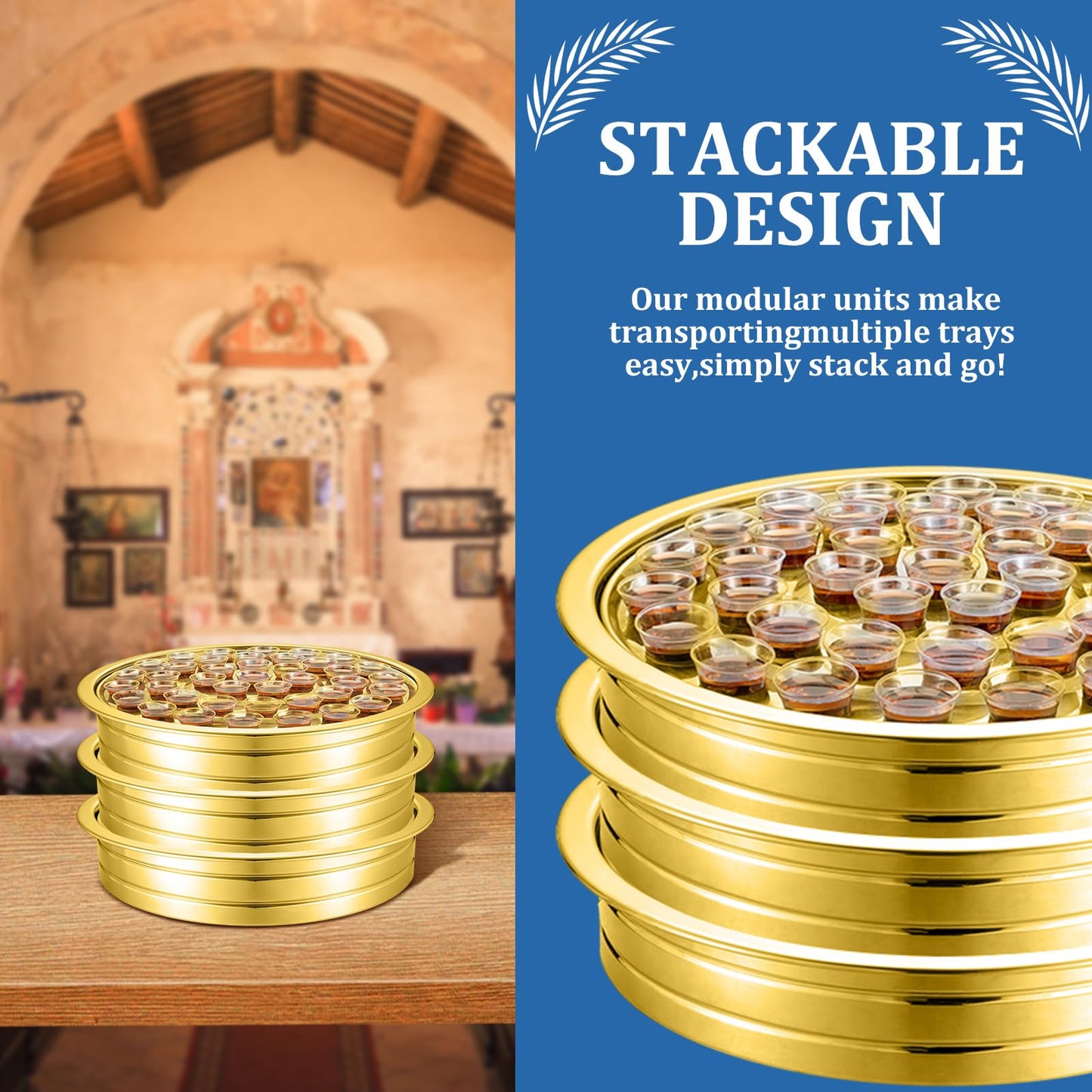 Jingmore Communion 2 Trays with Lid Christmas Holy Wine Serving Trays House up 80 Cups Stacking Stainless Steel Churches Ware Wine Bread Christmas Party Supplies (Gold)
