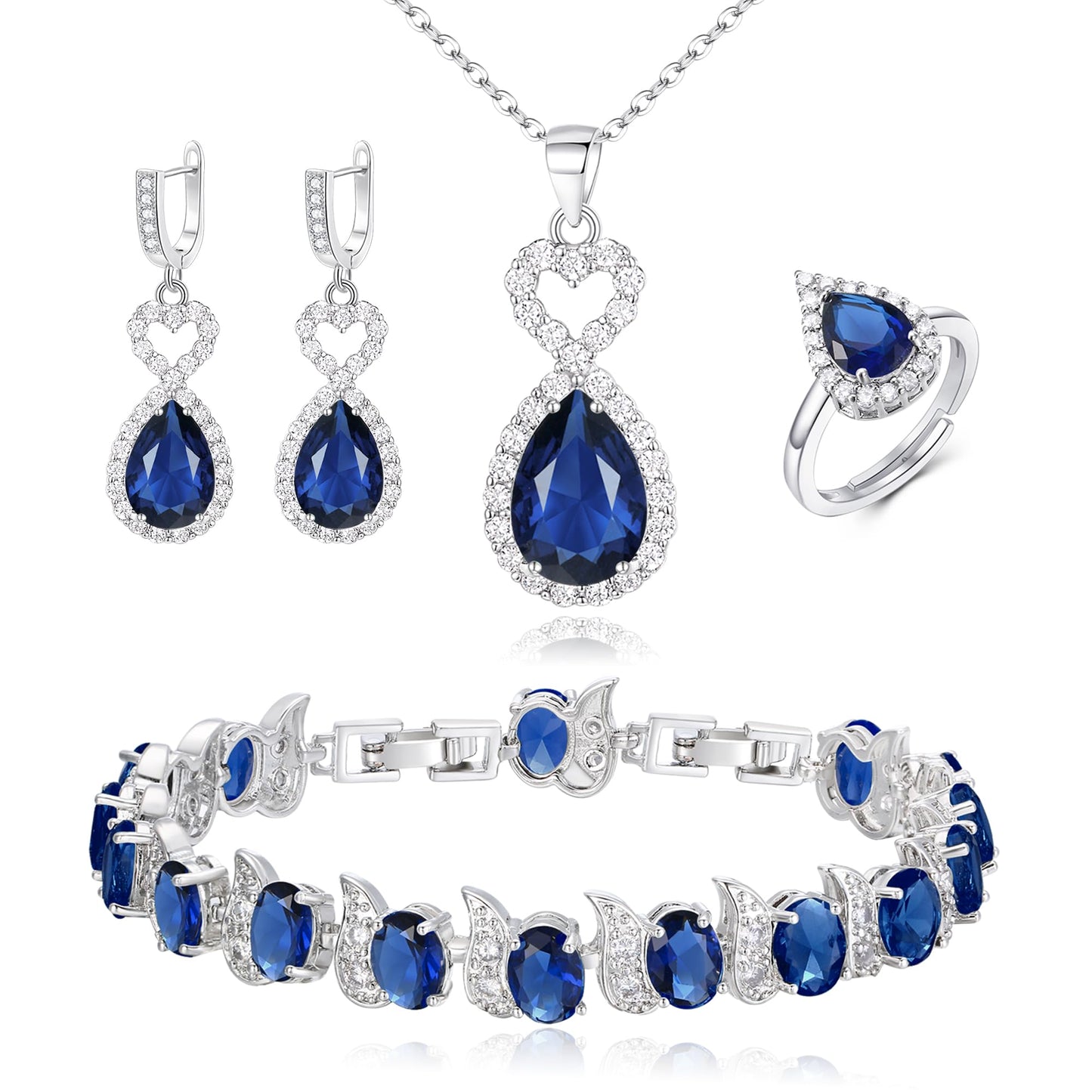 BriLove Wedding Jewelry Set for Women Bride Bridesmaid | Gorgeous Cubic Zirconia Teardrop Necklace Earrings Bracelet Adjustable Ring Jewelry Gift for Birthday/Anniversary