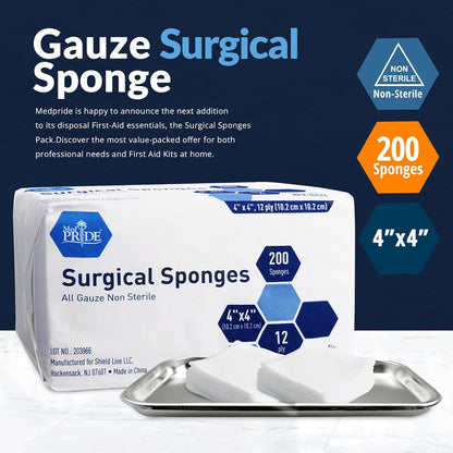 MED PRIDE Surgical Gauze Sponges,4 x 4 in,12-Ply,Non-Sterile,200-Count Pack