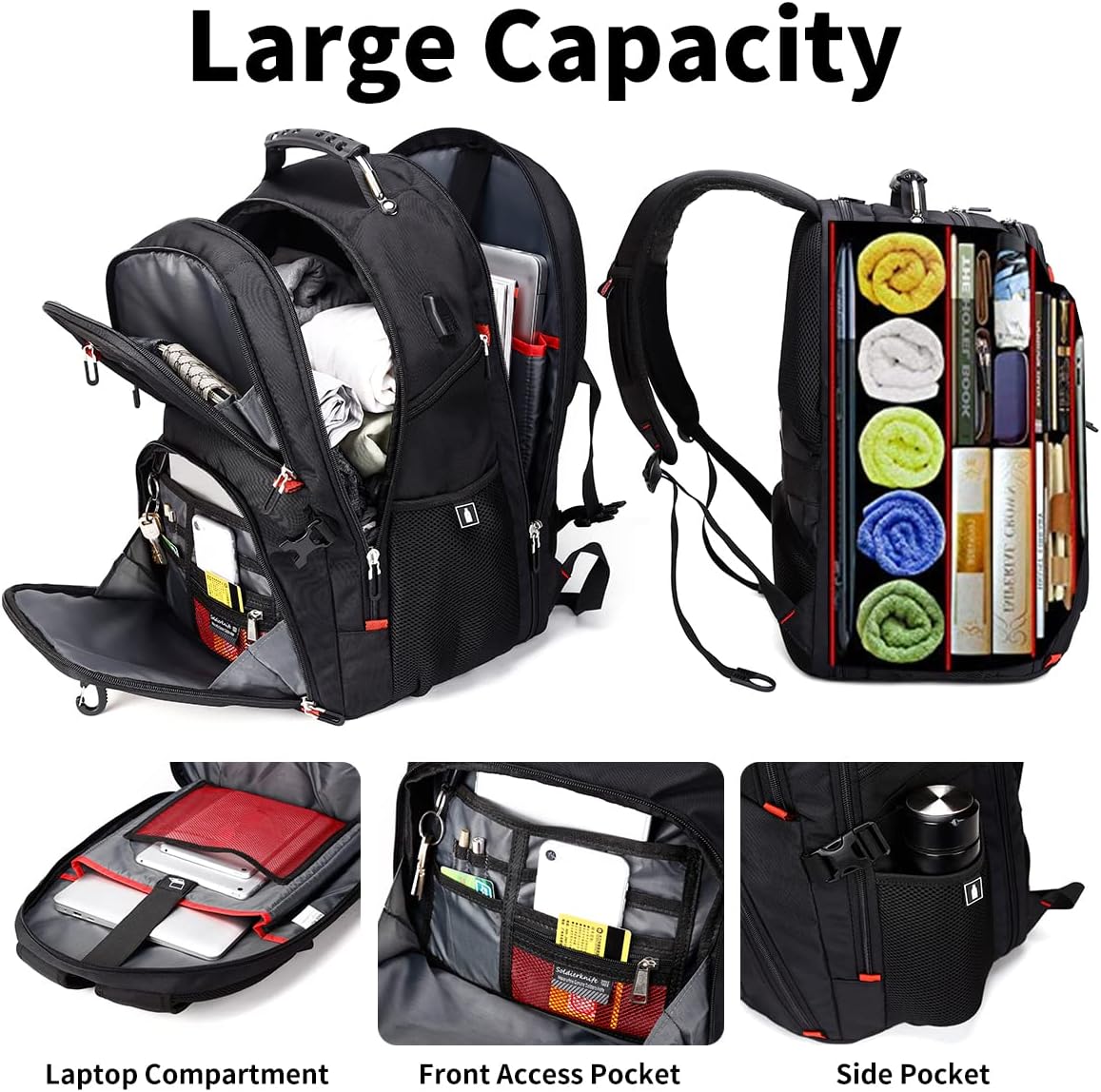 SHRRADOO Extra Large 50L Travel Laptop Backpack with combination lock,High School College Backpack Airline Approved Business Work Bag Fit 17 Inch Laptops for Men Women,Black
