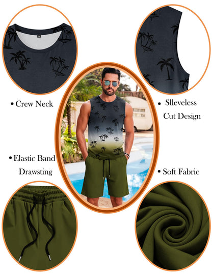 LecGee Men's 2 Piece Hawaiian Tank Tops Tropical Floral Beach Sleeveless Round neck T-shirt Casual Daily Beach Summer