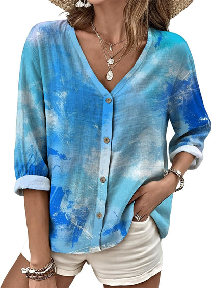 MARSVOVO V Neck Shirts for Women Lightweight Decorative Button 3/4 Sleeve Blouses Comfy Casual Business Flowy Top