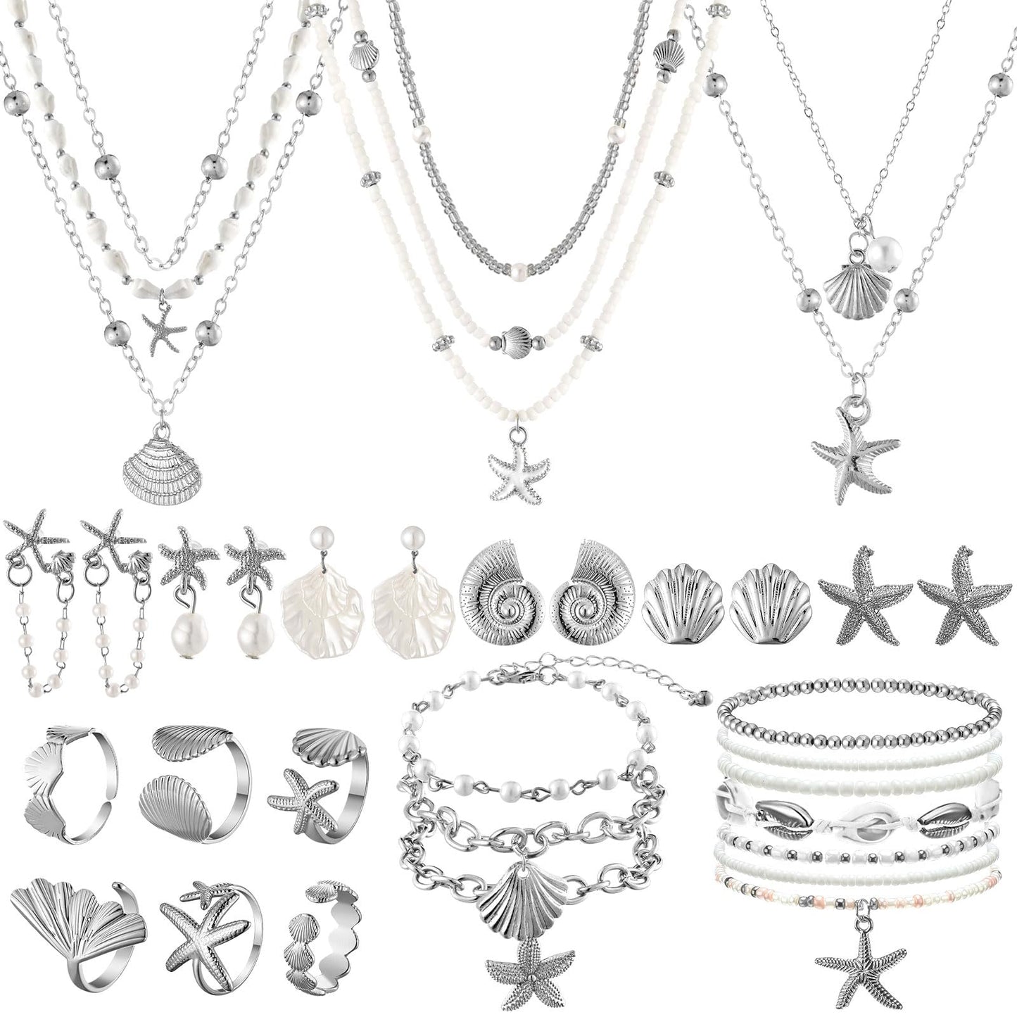 Tondiamo 23 Pcs Seashell Starfish Jewelry Set Boho Summer Beach Mermaid Accessories Layered Charm Necklace Earrings Studs Bracelets Rings for Women Holiday Vacation Wedding Party Gift