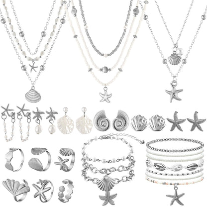 Tondiamo 23 Pcs Seashell Starfish Jewelry Set Boho Summer Beach Mermaid Accessories Layered Charm Necklace Earrings Studs Bracelets Rings for Women Holiday Vacation Wedding Party Gift
