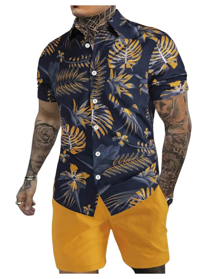 GORGLITTER Men's Vacation Beach Cruise Summer Outfits 2 Piece Shorts Set Hawaiian Button Down Shirt and Shorts
