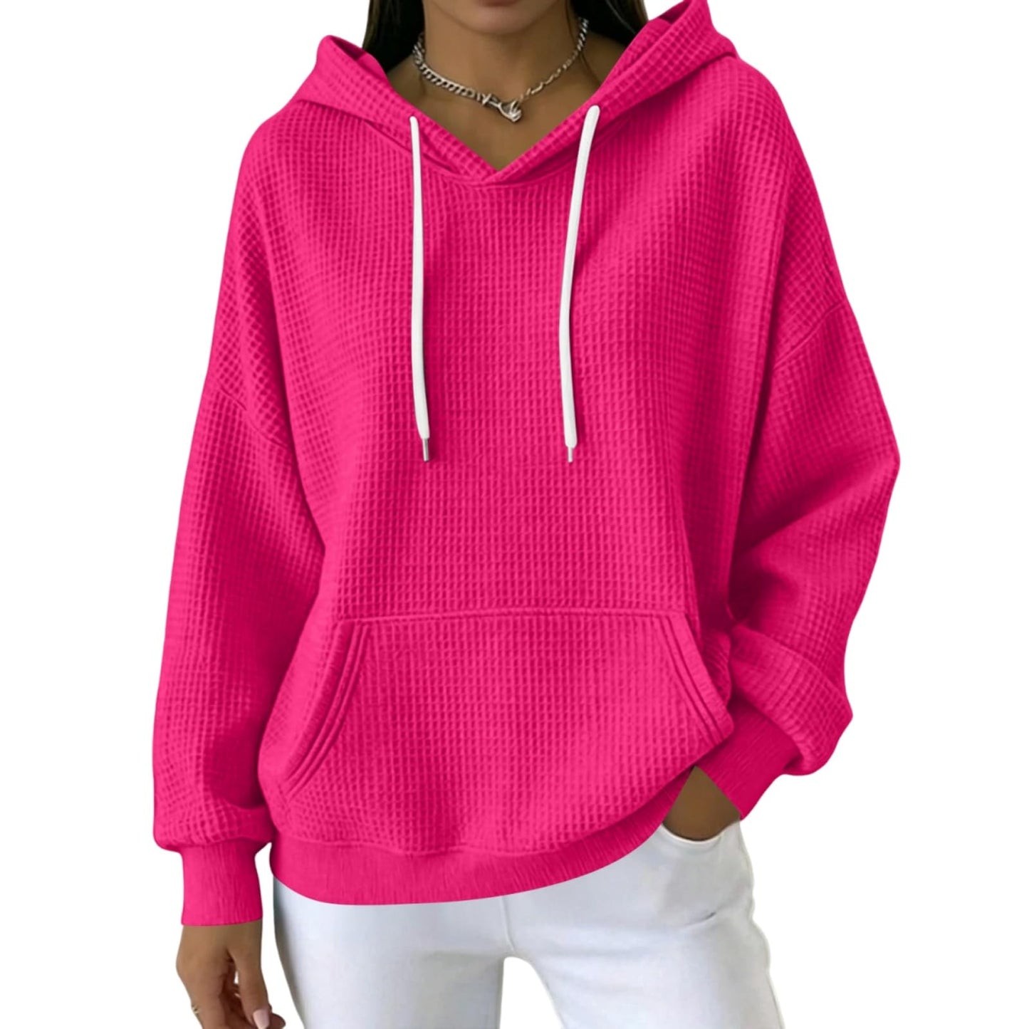 Women Casual Waffle Grid Textured Pullover Hoodie Contrast Drawstring Pocket Loose Long Sleeve Sweatshirts